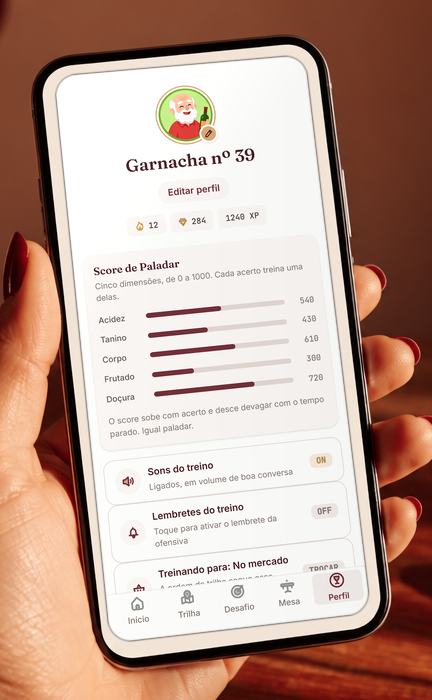 Pessoa segurando um celular com a tela de perfil do aplicativo, mostrando o Score de Paladar em acidez, tanino, corpo, frutado e doçura